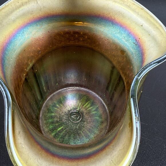 Vintage Northwood Carnival Glass Vase Ruffle Hat Green Iridescent 3.75" Tall - Picture 7 of 15